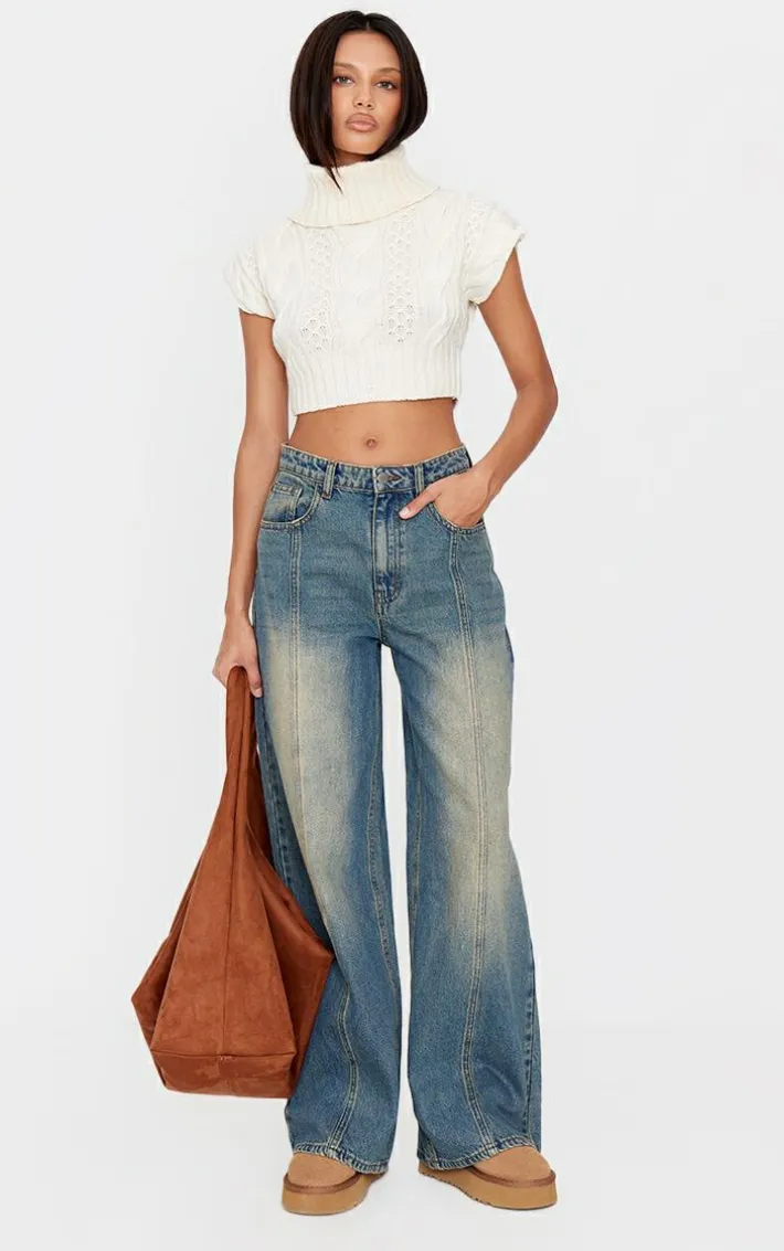Vintage Washed Front Seam Detail Boyfriend Jeans