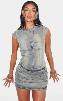 Vintage Washed Ruched Style Denim Mini Skirt