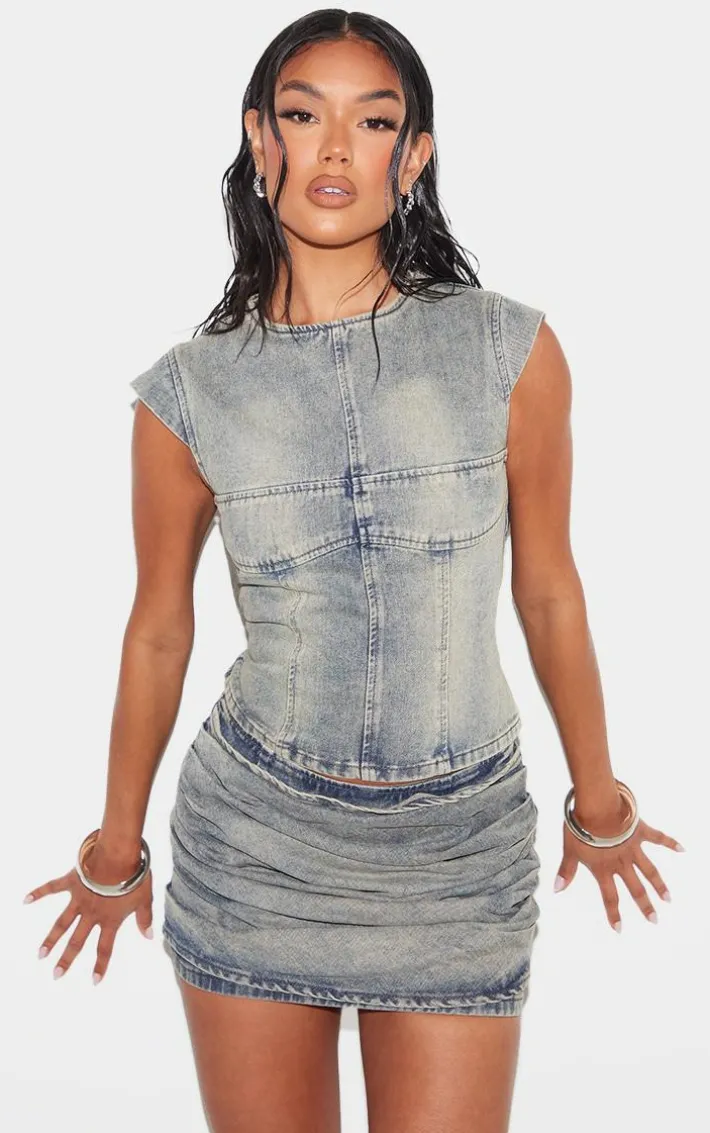 Vintage Washed Ruched Style Denim Mini Skirt