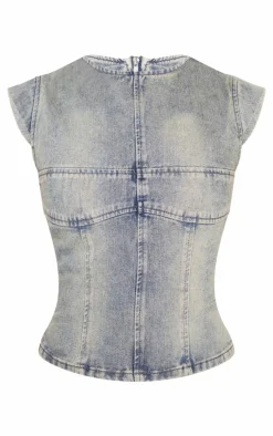 Vintage Washed Seam Detail Cap Sleeve Denim Top