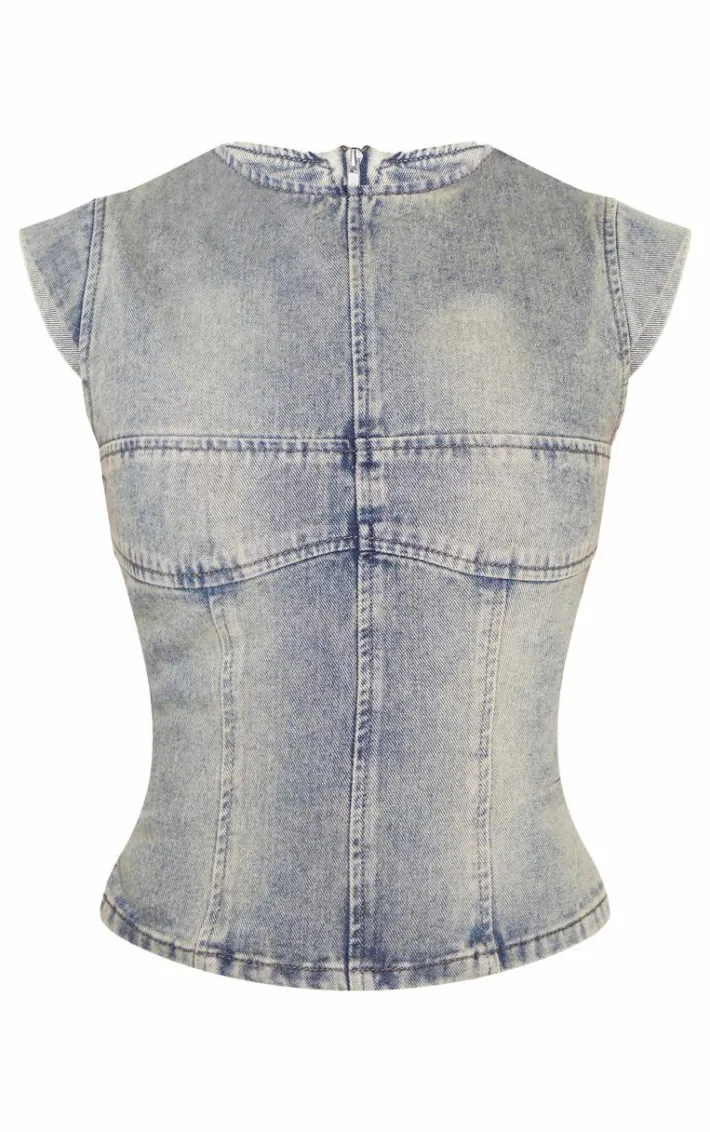 Vintage Washed Seam Detail Cap Sleeve Denim Top