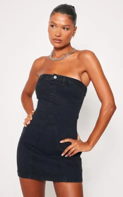 Washed Black Bandeau Waistband Detail Denim Mini Dress
