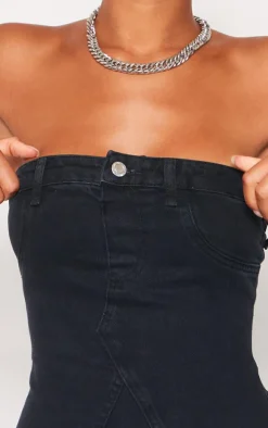 Washed Black Bandeau Waistband Detail Denim Mini Dress
