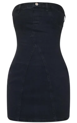 Washed Black Bandeau Waistband Detail Denim Mini Dress