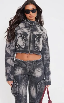 Washed Black Bleach Detail Cargo Denim Jacket