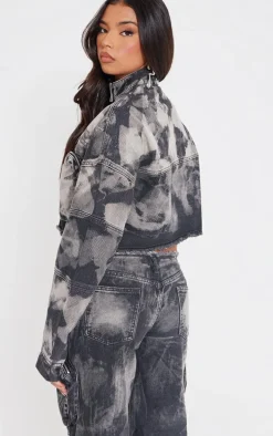 Washed Black Bleach Detail Cargo Denim Jacket