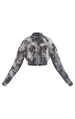 Washed Black Bleach Detail Cargo Denim Jacket