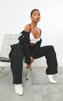 Washed Black Cargo Pocket Detail Wide Leg Jeans