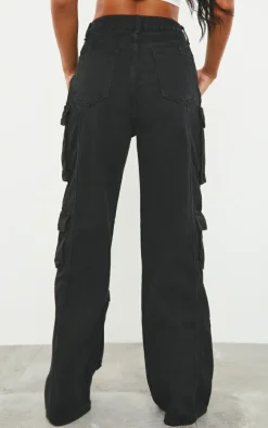 Washed Black Cargo Pocket Detail Wide Leg Jeans