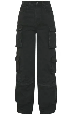 Washed Black Cargo Pocket Detail Wide Leg Jeans