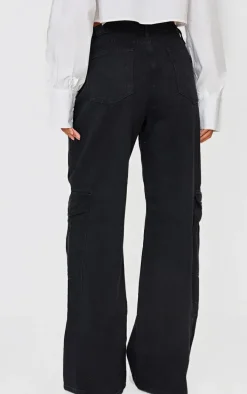 Washed Black Cargo Side Pocket Wide Leg Jeans