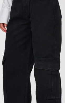 Washed Black Cargo Side Pocket Wide Leg Jeans