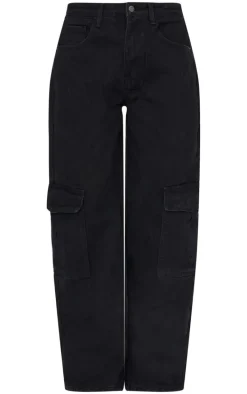 Washed Black Cargo Side Pocket Wide Leg Jeans