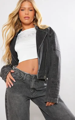 Washed Black Denim Belted Hem Motorcross Jacket