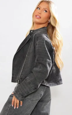 Washed Black Denim Belted Hem Motorcross Jacket