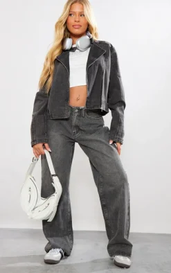 Washed Black Denim Belted Hem Motorcross Jacket