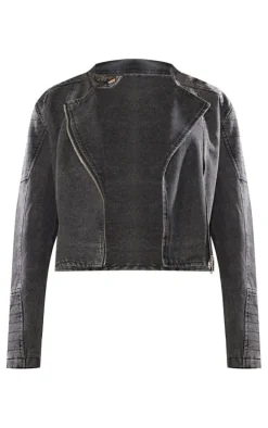 Washed Black Denim Belted Hem Motorcross Jacket