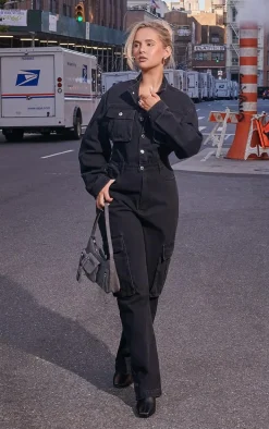 Washed Black Denim Cargo Wide Leg Jumpsuit