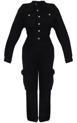 Washed Black Denim Cargo Wide Leg Jumpsuit