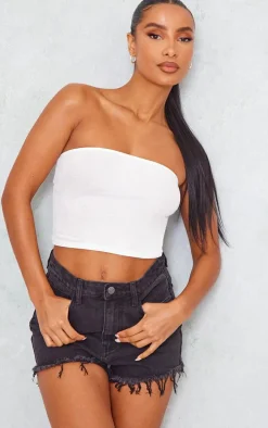 Washed Black Denim Frayed Hem Shorts