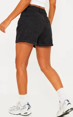 Washed Black Denim Mom Shorts
