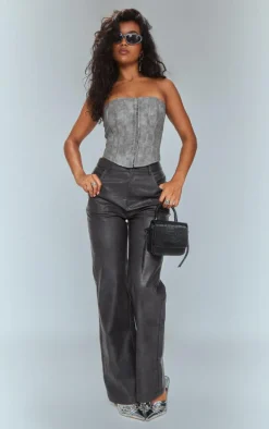 Washed Black Faux Leather Straight Leg Pants