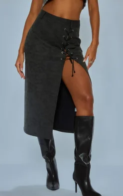 Washed Black Faux Leather Lace Up Midi Skirt