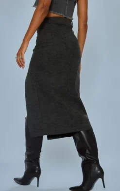 Washed Black Faux Leather Lace Up Midi Skirt