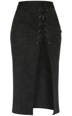 Washed Black Faux Leather Lace Up Midi Skirt