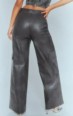 Washed Black Faux Leather Pocket Wide Leg Cargo Pants