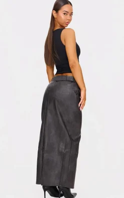 Washed Black Faux Leather Belted Maxi Skirt