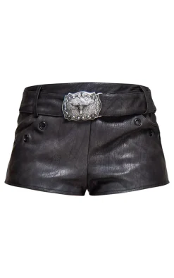 Washed Black Faux Leather Buckle Detail Hot Pants