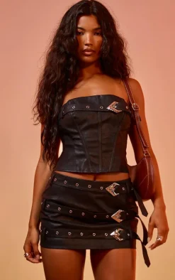 Washed Black Faux Leather Belt Detail Corset