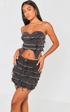 Washed Black Frayed Seam Detail Denim Corset