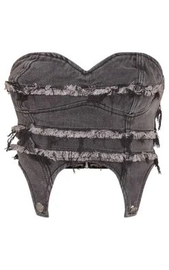Washed Black Frayed Seam Detail Denim Corset