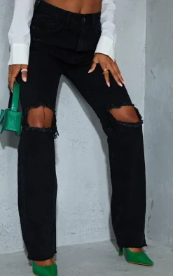 Washed Black High Rise Ripped Straight Leg Jeans