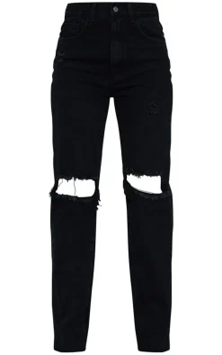 Washed Black High Rise Ripped Straight Leg Jeans