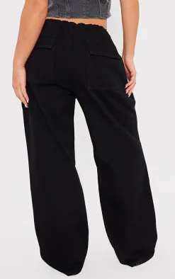 Washed Black Low Rise Elastic Waist Tuck Detailed Slouchy Jeans