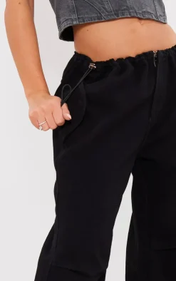 Washed Black Low Rise Elastic Waist Tuck Detailed Slouchy Jeans