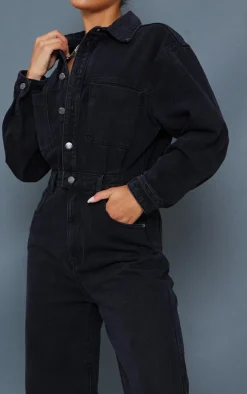 Washed Black Oversized Denim Boilersuit