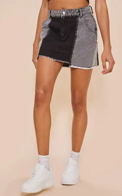 Washed Black Panel Denim Mini Skirt