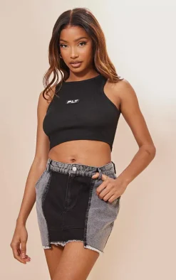 Washed Black Panel Denim Mini Skirt