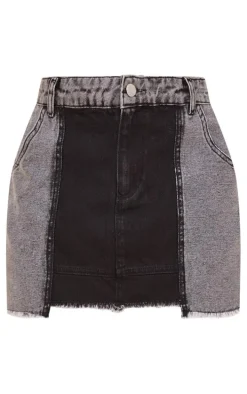 Washed Black Panel Denim Mini Skirt