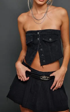 Washed Black Pocket Detail Cropped Denim Corset Top