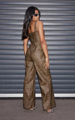 Washed Black PU Underwire Strap Detail Flared Jumpsuit