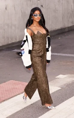 Washed Black PU Underwire Strap Detail Flared Jumpsuit