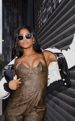 Washed Black PU Underwire Strap Detail Flared Jumpsuit