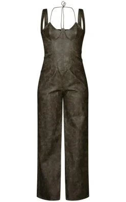 Washed Black PU Underwire Strap Detail Flared Jumpsuit