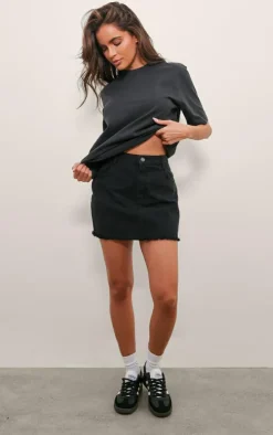 Washed Black Raw Hem Denim Mini Skirt