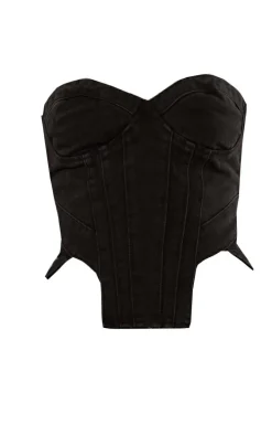 Washed Black Seam Detail Corset Denim Top